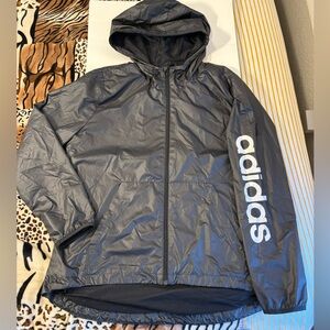 Adidas Men’s Black Windbreaker Jacket Hooded Logo Sleeve‎ Lightweight Shell XL